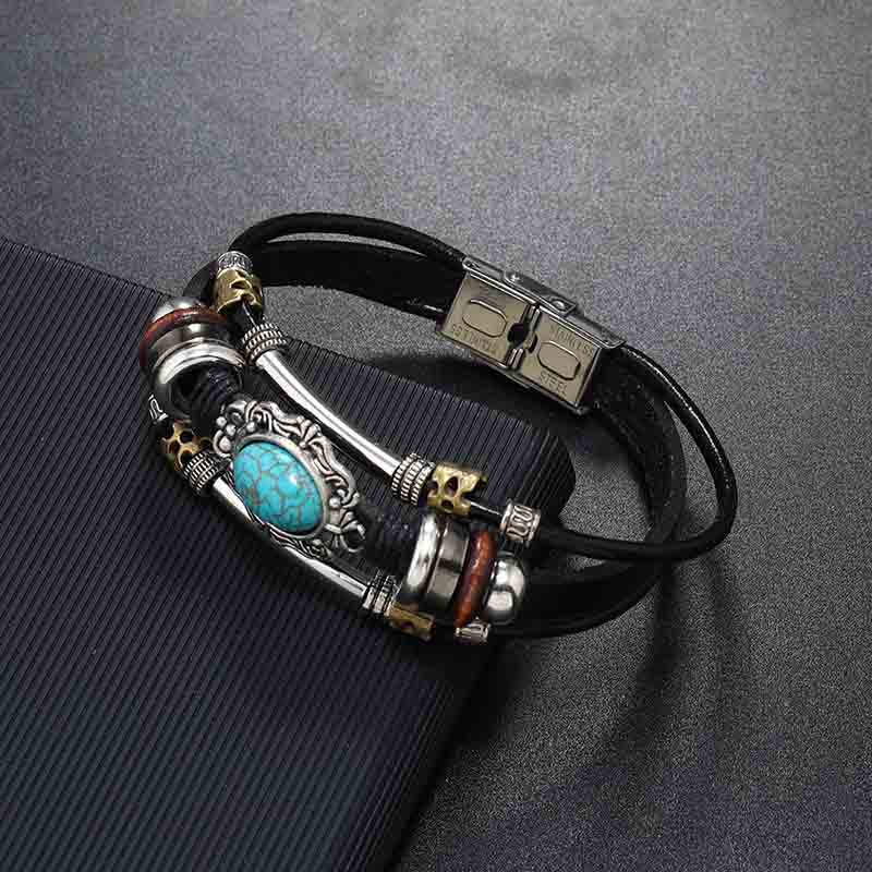 Fiasrel Beaded Leather Bracelet Men's Turquoise Stainless Steel Bracelet