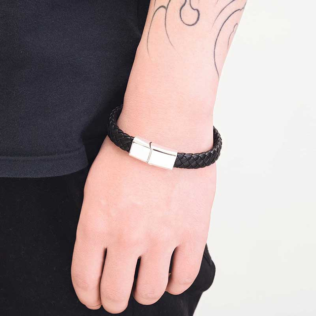 Fiasrel Jewelry Handmade Woven Genuine Leather Band Bracelet With Button Magnet Buckle
