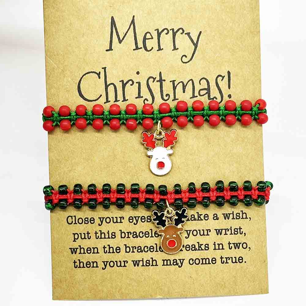 Fiasrel 2pcs/set Christmas Bracelet Set Handmade Santa Claus Deer Charms Beaded Stretch Xmas Bracelets