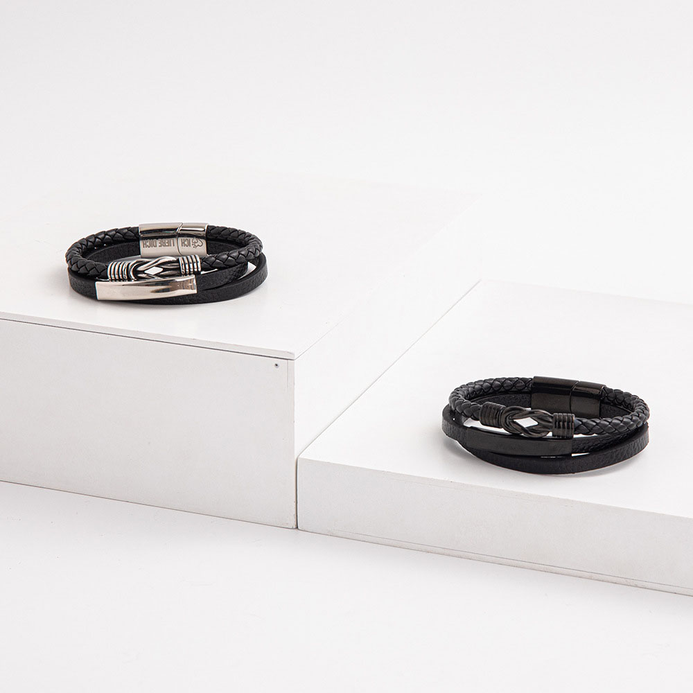 Fiasrel Stainless Steel Charm Leather Woven Vintage Creative Multi-layer Stainless Steel Bracelet with Magnet Clasp