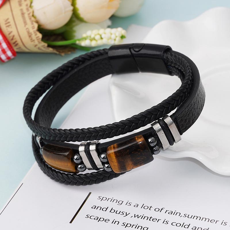Fiasrel Multi-layer Natural Tiger Eyes Stone Leather Alloy Magnetic Clasp Bracelet Charm Jewelry