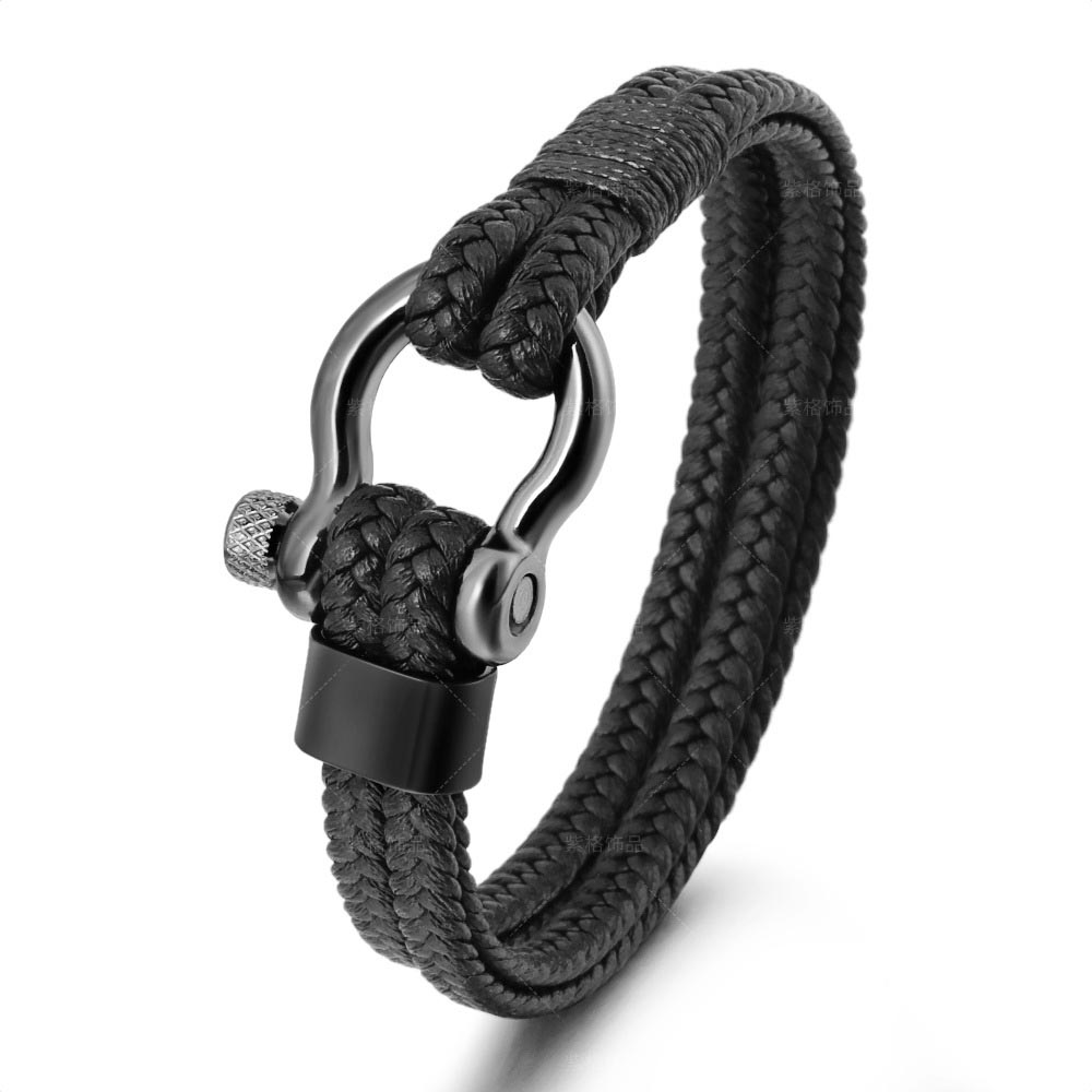 Fiasrel Leather Rope Braided Horseshoe Buckle Stainless Steel Bracelet Men's Accessories Titanium Steel Vintage Jewelry
