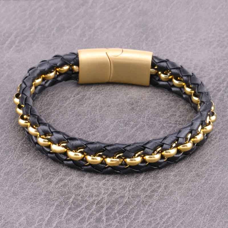 Fiasrel Vintage Charm Fashion Punk Black Braided Leather Bracelet Male Stainless Steel Bangle