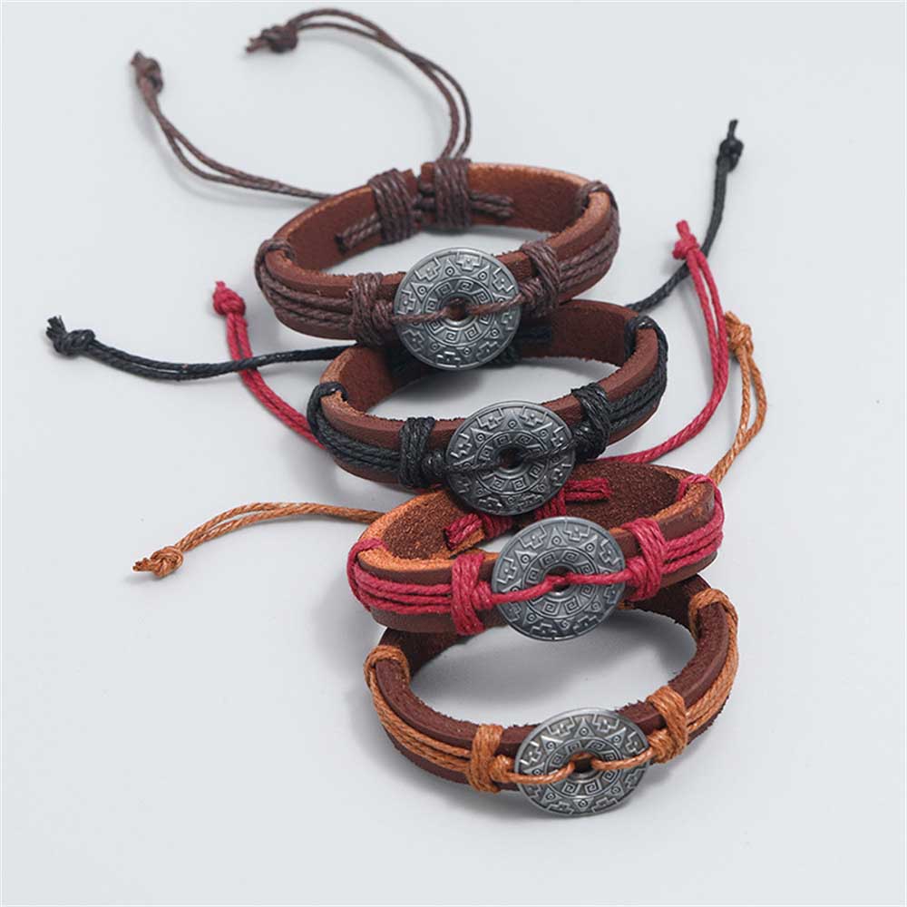 Fiasrel Alloy Cowhide Bracelet Vintage Handmade Braided Rope Adjustable Bracelet