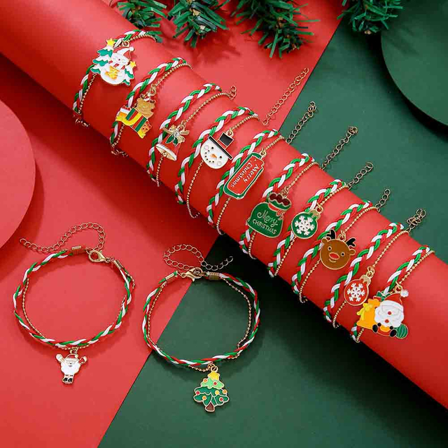 Fiasrel 12pcs Christmas Fashion Charm Bracelet Kit Santa Claus Elk Bell Woven Adjustable Festival Christmas Gift Bracelet