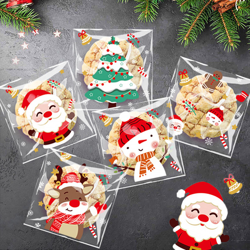 Fiasrel 100pcs/bag Christmas Opp Bags Self-adhesive Candy & Cookie Christmas Bags