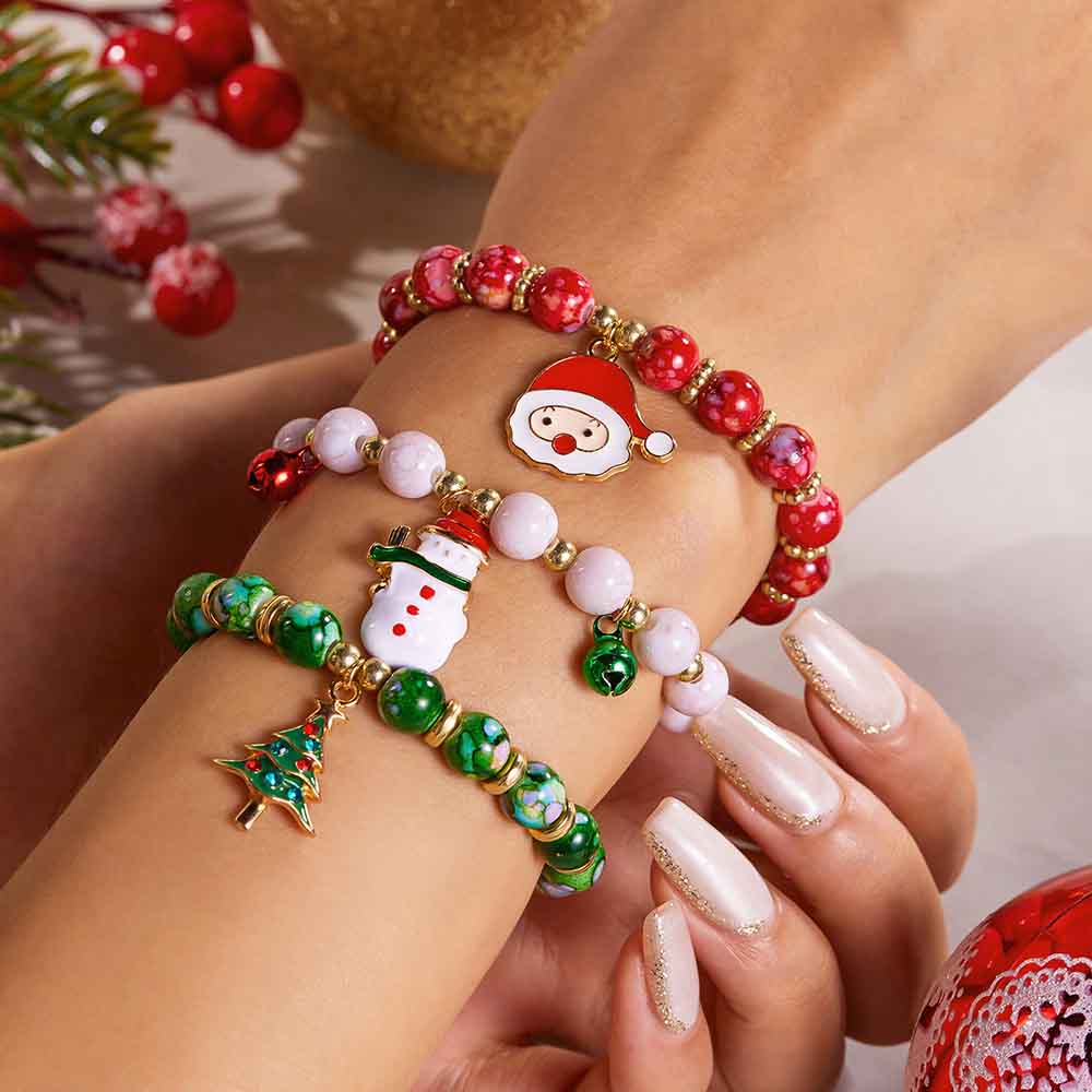 Fiasrel 3pcs Xmas Party Jewelry Bracelet Gifts Stackable Colorful Beaded Stretch Christmas Bracelets Kit