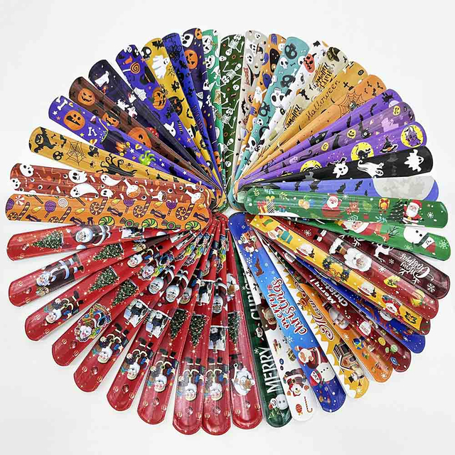 Fiasrel 24/36/48pcs PVC Halloween Christmas Slap Bracelet Wristbands for Kid Children Party Gift Friends