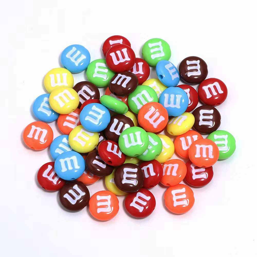 Fiasrel 20/50pcs Colorful Flat Round Beads Rainbow Candy Straight Hole Plated M Bean Acrylic Beads for DIY Jewelry Making Bracelet Phone Chain Handmade Craft Supplies