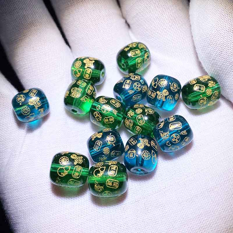 Fiasrel Auspicious Inscription Beads - Green Crystal Barrel Beads & Blue Crystal Date Beads with Engraved Blessings