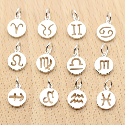 fiasrel 1bundle S925 Sterling Silver 12 Zodiac Charms – Round Pendant for DIY Bracelet Jewelry