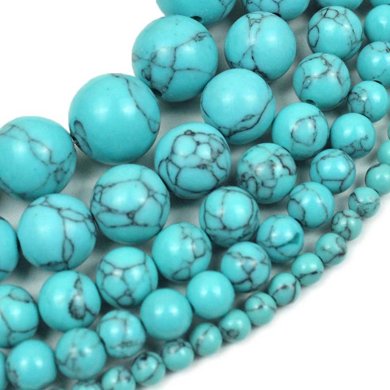 fiasrel 1bundle 4-12mm Light-Veined Turquoise Loose Beads with Black Lines - Round Beads for DIY Bracelet Necklace & Earring Jewelry Making Natural Stone Beads