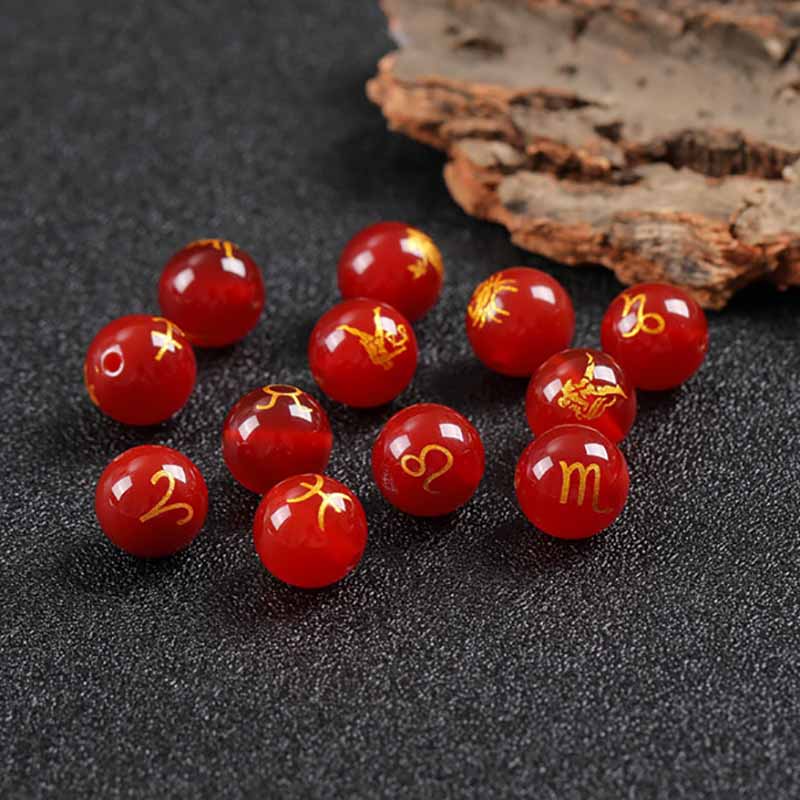 fiasrel 1bundle Gold-Foiled Engraved Zodiac Beads – Loose Gemstone Beads Red Agate for DIY Jewelry Making
