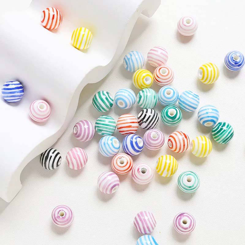 fiasrel 1bundle Playful Striped Color-Blocking Straight-Hole Round Ceramic Beads DIY Handmade Jewelry Supplies for Bracelets & Necklaces