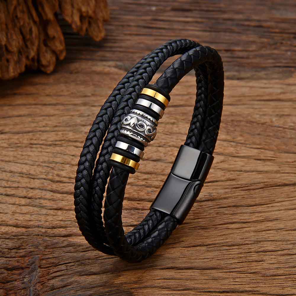 Fiasrel Men's Fashion Stainless Steel Multi-layer DIY Leather Bracelet Braided Rope Leather Titanium Steel Bracelet