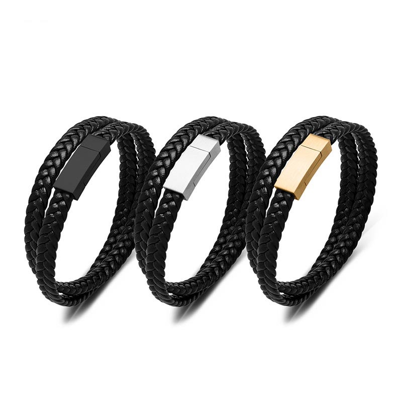 Fiasrel Vintage Double Layer Synthetic Woven Black Leather Magnetic Stainless Steel Wrap Bangle Bracelet for Men
