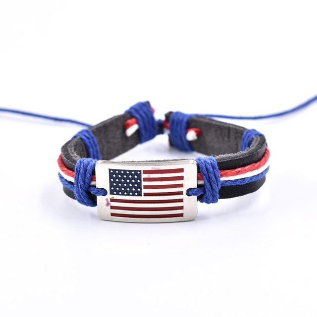 Fiasrel Adjustable American Flag Cowhide Woven Bracelet Red White And Blue Flag Wax Leather Bracelet