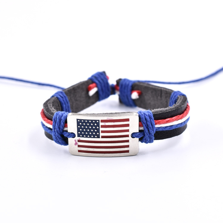 Fiasrel Adjustable American Flag Cowhide Woven Bracelet Red White And Blue Flag Wax Leather Bracelet