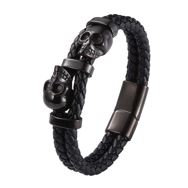 Fiasrel Stainless Steel Skull Beads Real Genuine Leather Bracelet Charm Skeleton Men Punk Bangle Jewelry