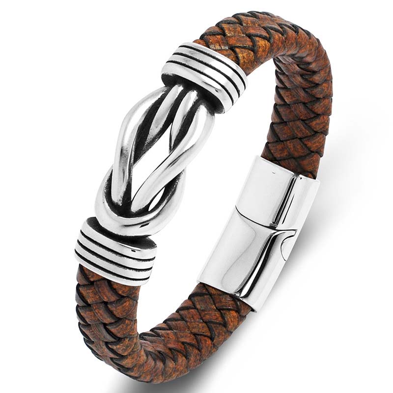 Fiasrel Stainless Steel Charm Magnetic Men Bracelet Leather Genuine Braided Punk Rock Braided Sewing Thread Leather Bracelet