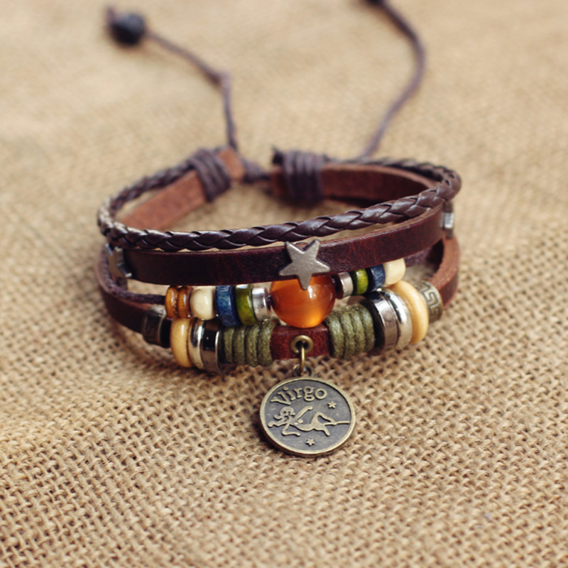 Fiasrel 12 Constellations Bracelet Red Agate Bracelet Punk Retro Rivet Jewelry Unique Multi layered Bracelets