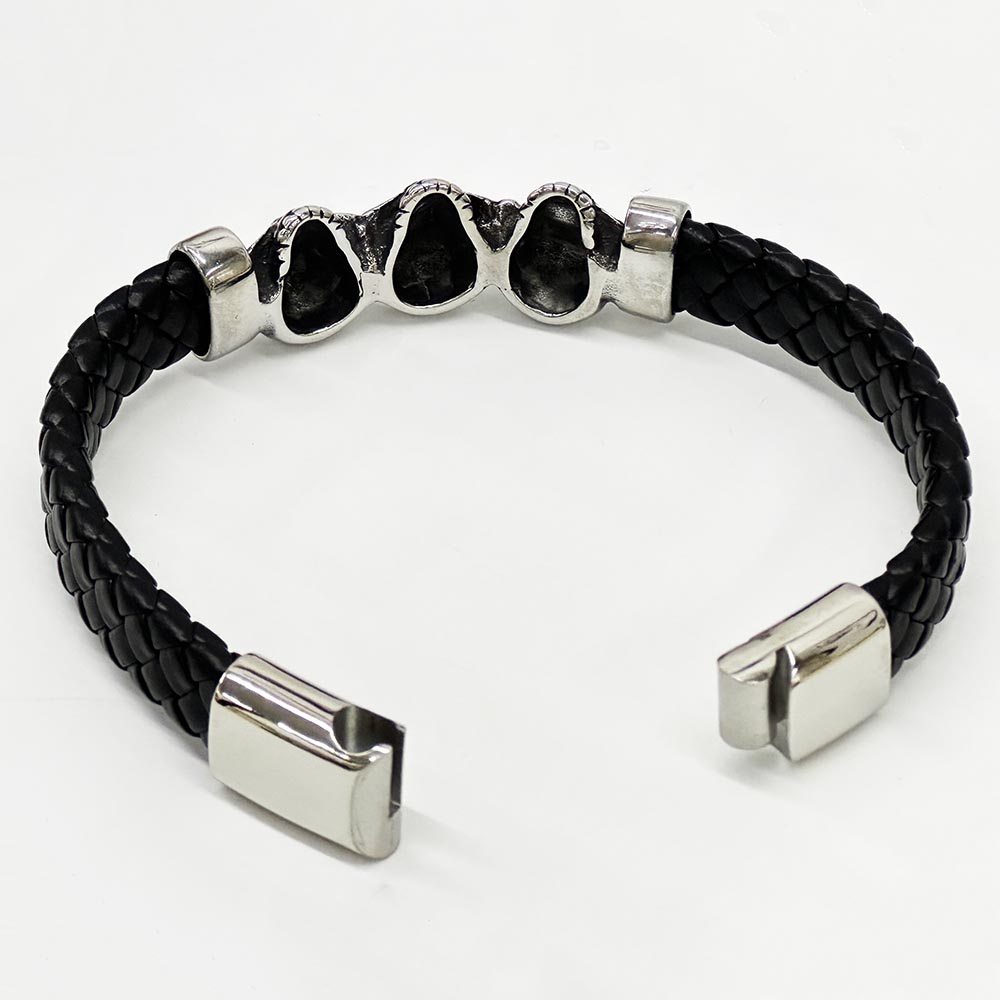 Fiasrel Genuine Leather Braided Cuff Bracelet Stainless Steel Skull Clasp Men Bracelet Jewelry