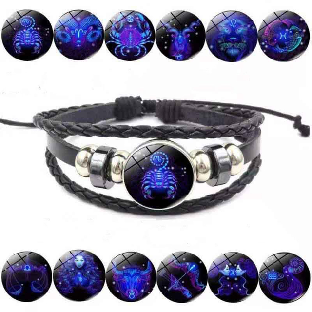 Fiasrel 12 Constellations Multi Layer Woven Glow in Dark Fashion Punk Cowhide Star Bracelet