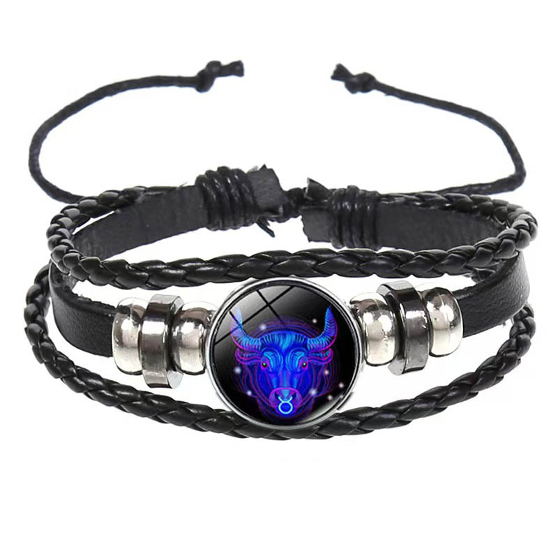 Fiasrel Vintage Punk Rock Leather Bracelet 12 Constellation Multilayer Colorful Strap Wristband Knitting Bracelet
