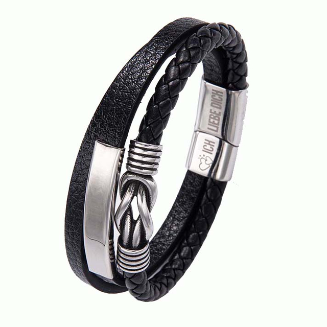 Fiasrel Stainless Steel Charm Leather Woven Vintage Creative Multi-layer Stainless Steel Bracelet with Magnet Clasp