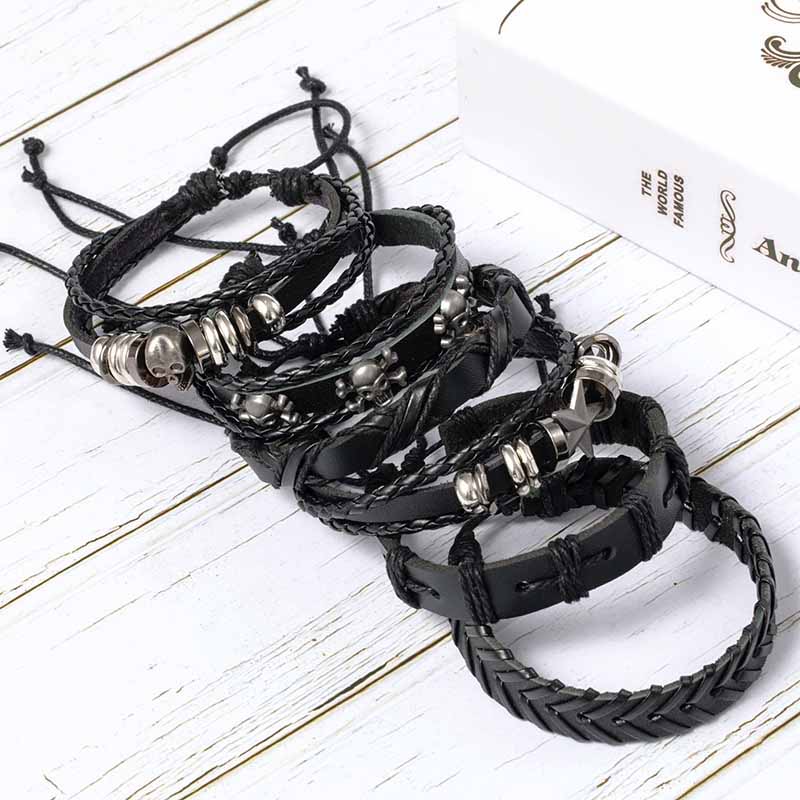 Fiasrel 6pcs/Set Domineering Punk Charm Bracelet Adjustable Lucky Star Wrap MultiLayer Leather Bracelet