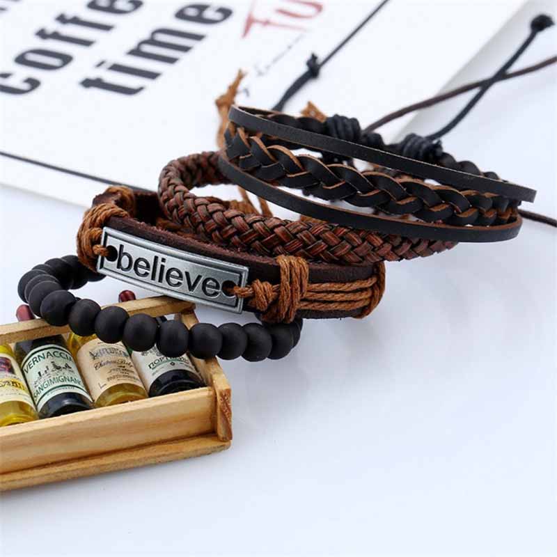 Fiasrel 4pcs/set Multi Layers Stone Beads Believe Braided Leather Bracelet Kit Cowhide Feather Bracelet Set