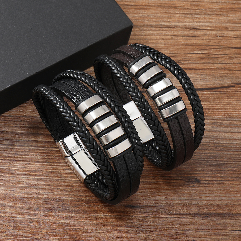 Fiasrel Mens Stainless Steel Bracelet Black Multi Layer Braided Genuine Leather Bracelet