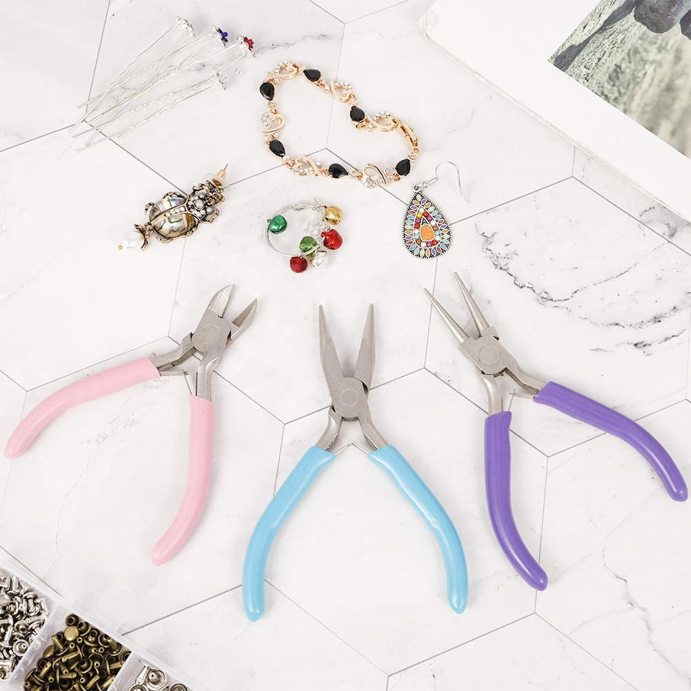 Fiasrel 3pcs Needle Nose Chain Nose Round Nose And Wire Cutter Jewelry Pliers Kit