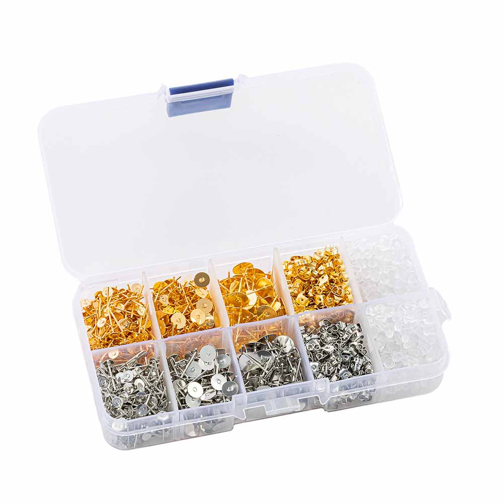 Fiasrel Earring Making Kit Metallic Flat Back Studs with Base And Backs for Leather Stud Clay Pearl Jewelry Making