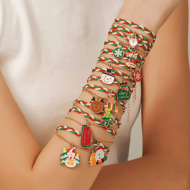 Fiasrel 12pcs Christmas Fashion Charm Bracelet Kit Santa Claus Elk Bell Woven Adjustable Festival Christmas Gift Bracelet
