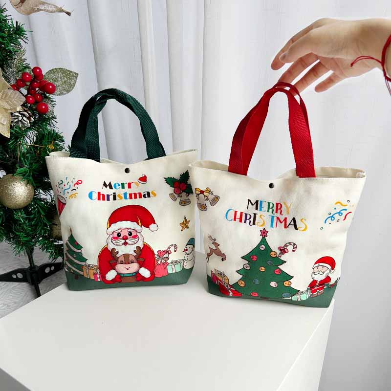 Fiasrel 26*22*8cm Christmas Santa Handheld Canvas Bag Christmas Canvas Tote Bag Grocery Shopping Canvas Tote Bags