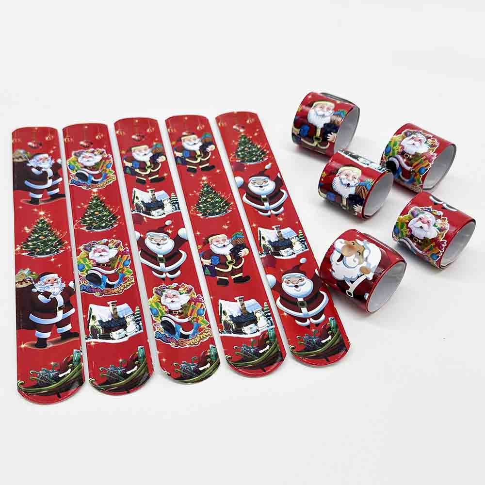 Fiasrel 12pcs Christmas Slap Bracelets Santa Claus Snowflake Elk Xmas Tree Print Pop Circle Toys Merry Christmas