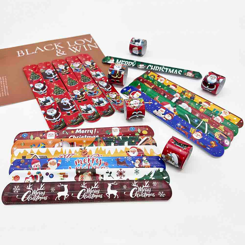 Fiasrel 12pcs Christmas Slap Bracelets Santa Claus Snowflake Elk Xmas Tree Print Pop Circle Toys Merry Christmas