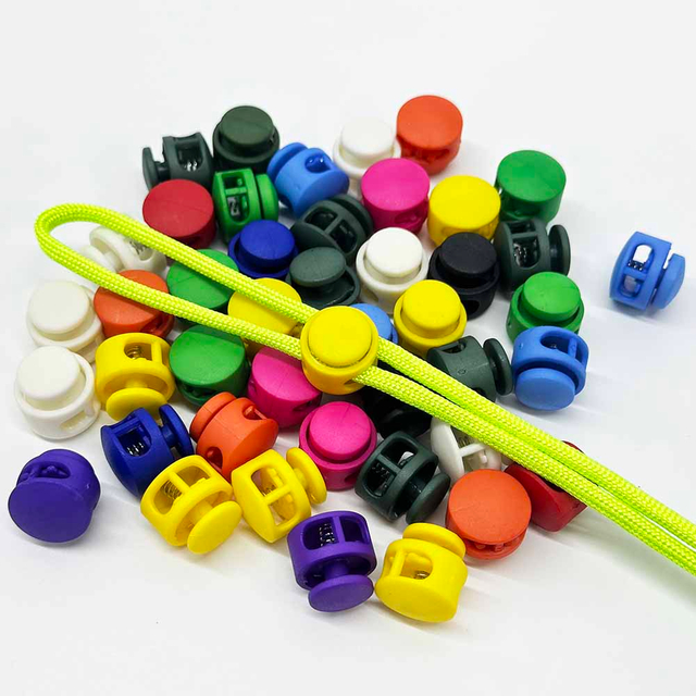Fiasrel 16mm 10/30/100pcs Round Multicolor Double Hole Spring Toggle Stopper for Shoelaces Bags Drawstrings Paracord
