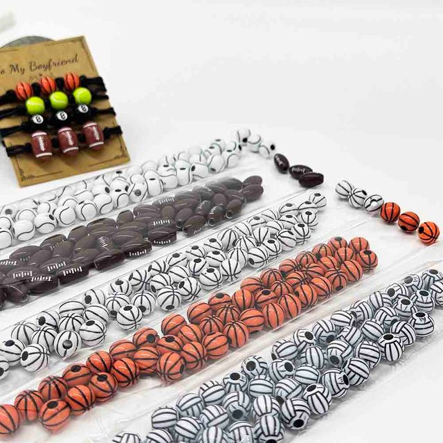 Fiasrel 50pcs 8-15mm Sports Series Basketball Volleyball Rugby Baseball Billiards Rugby Tennis Loose Acrylic Beads for Jewelry Making DIY Bracelet Necklace Key Bag Chain Handmade Craft Supplies