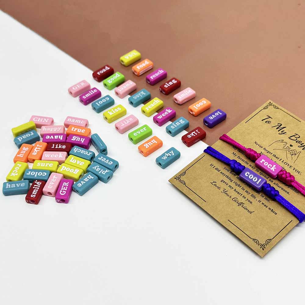 Fiasrel 50/100/500pcs Mixed Color Rectangle Word Phrase Acrylic Beads for DIY Jewelry Making Bracelets Necklaces Craft Supplies