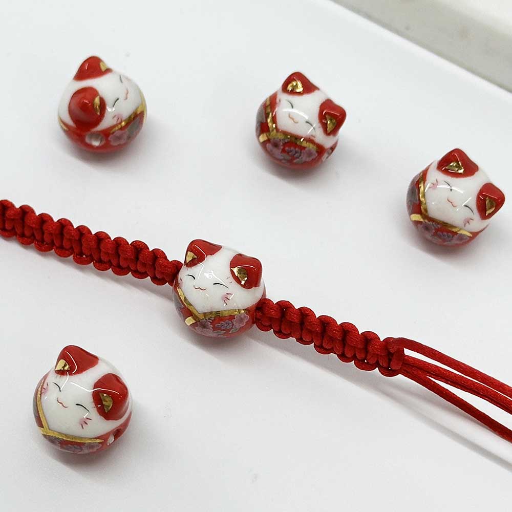 Fiasrel 5/10pcs Colorful Porcelain Charms Lucky Cat Ceramic Horizontal Hole Beads for DIY Jewelry Making Necklace Bracelet Craft Supplies 