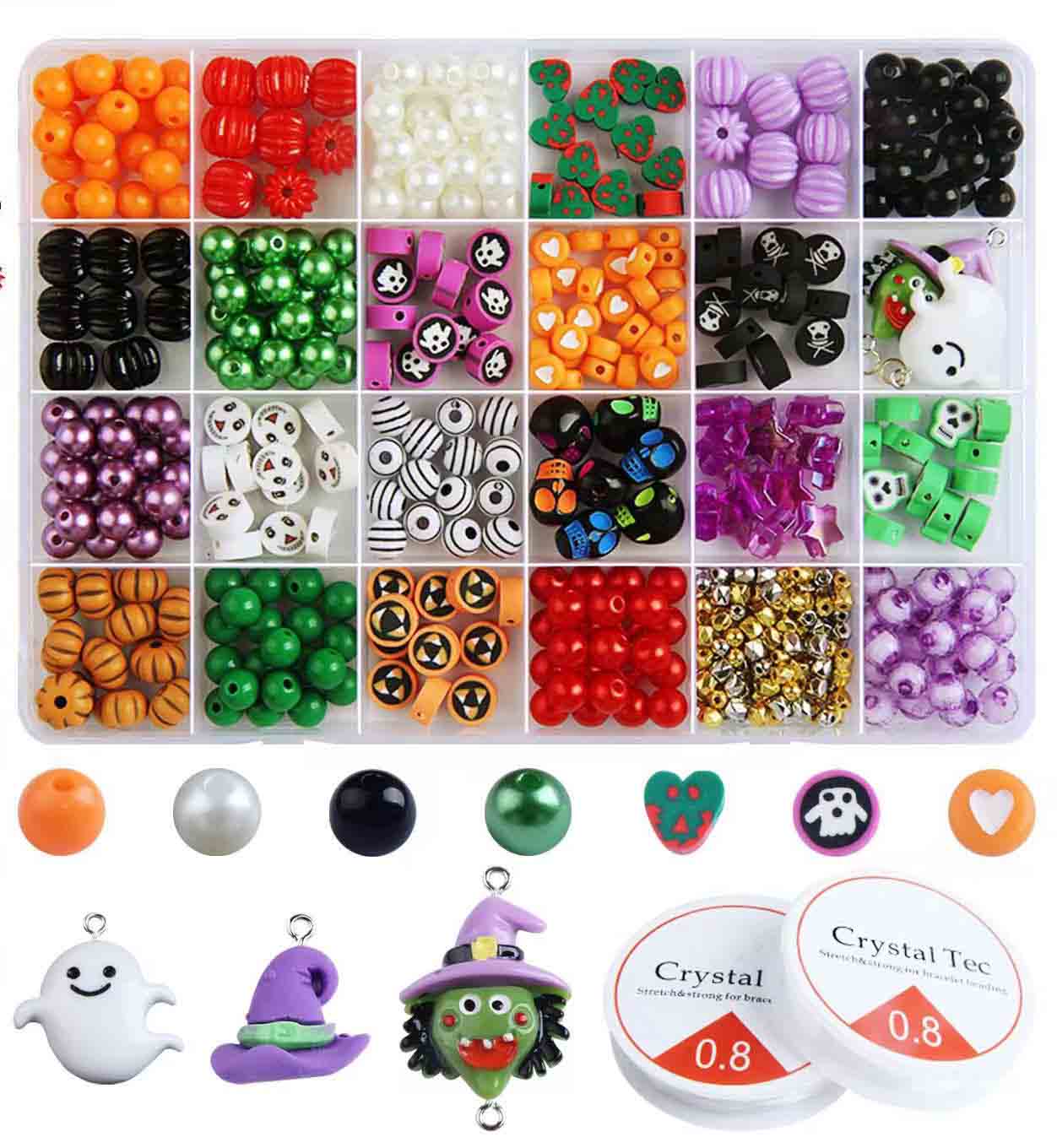 24-Grid Halloween Polymer Clay Resin Beaded Jewelry Kit: Halloween DIY Jewelry Making Kit Supplies with Spacer Beads Charms Accessories