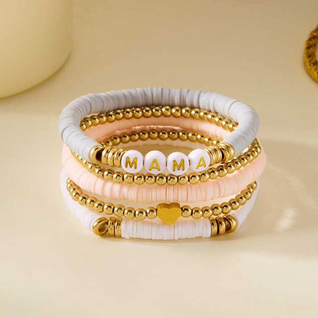 Fiasrel Mother's Day Gift Bohemian Style MAMA Pendant Clay Folded Bracelet Set 