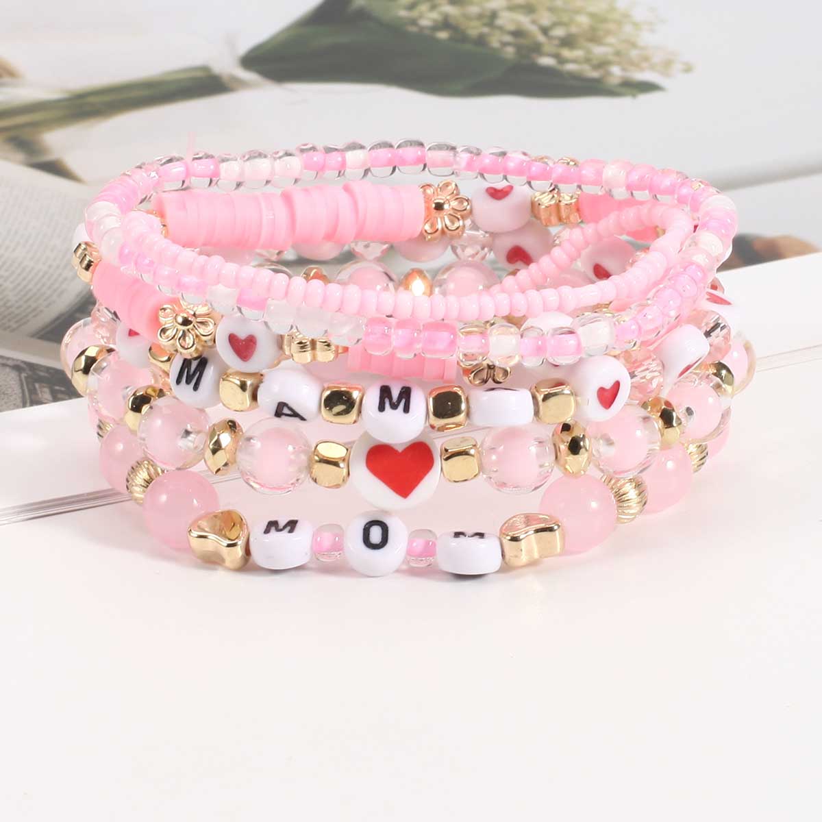 FiasrelMother's Day Bracelets Love Mom Heishi Bracelets Letters Beaded Stretchy Bracelet Boho Jewelry Gifts