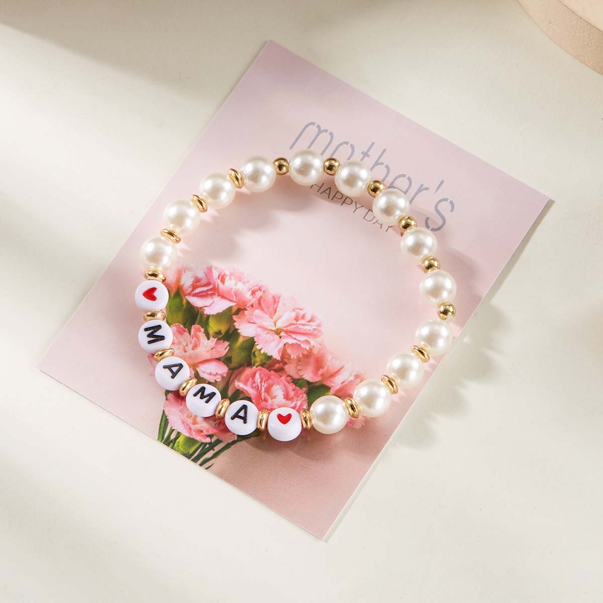 Fiasrel Pearl Bracelet With Letter MOM Pendant Mother's Day Gift Bracelet