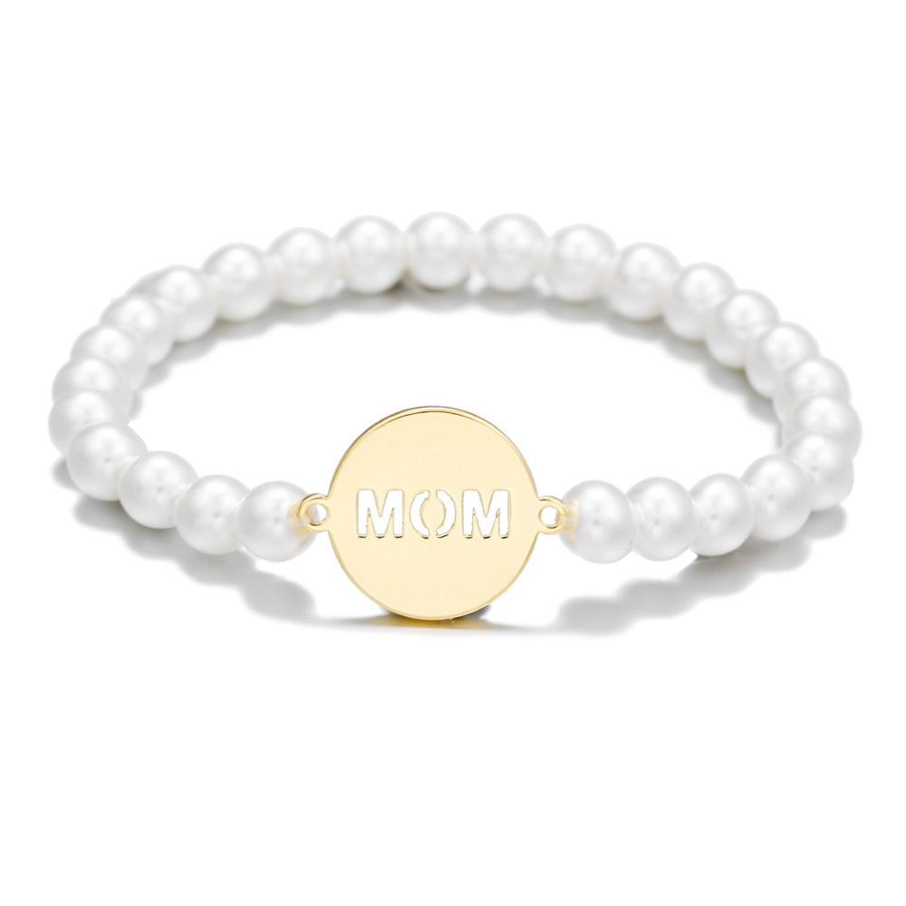 Fiasrel Stainless Steel Gold Plated Plate Engraved Name Bracelet Pearl Beaded Elastic Bracelets