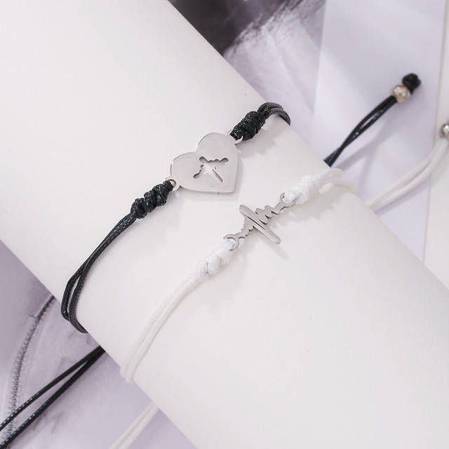 Fiasrel Creative Mother's Day Gift 2Pcs Stainless ECG Wax Braided Matching Bracelets