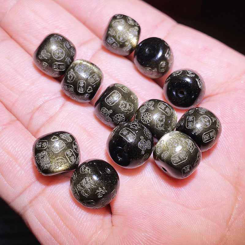 Fiasrel Golden Obsidian Auspicious Beads - Pixiu Totem Barrel Beads with Blessing Inscriptions Safe & Happy Jewelry Components