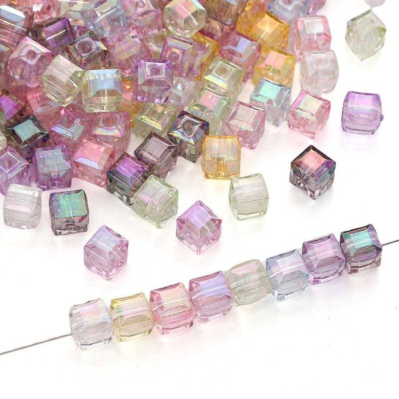 fiasrel 1bundle 8mm Acrylic Glass-Imitating 3D Iridescent Cube Beads - DIY Handcraft Stringing Materials for Bracelet & Necklace 